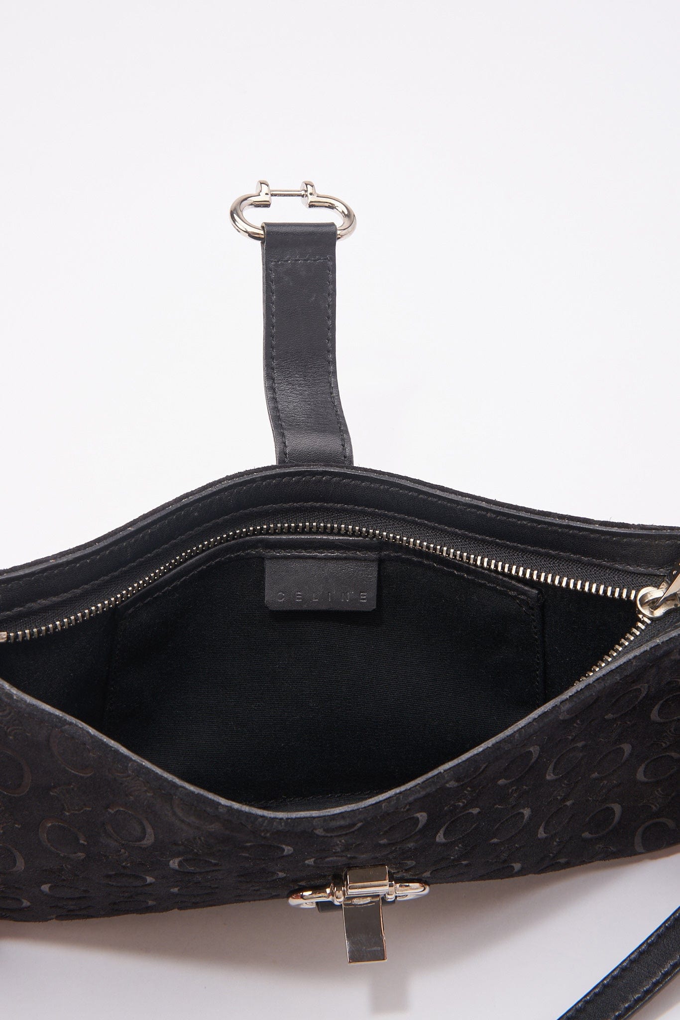 Vintage Celine Black Suede Bag with Silver Triomphe Clip