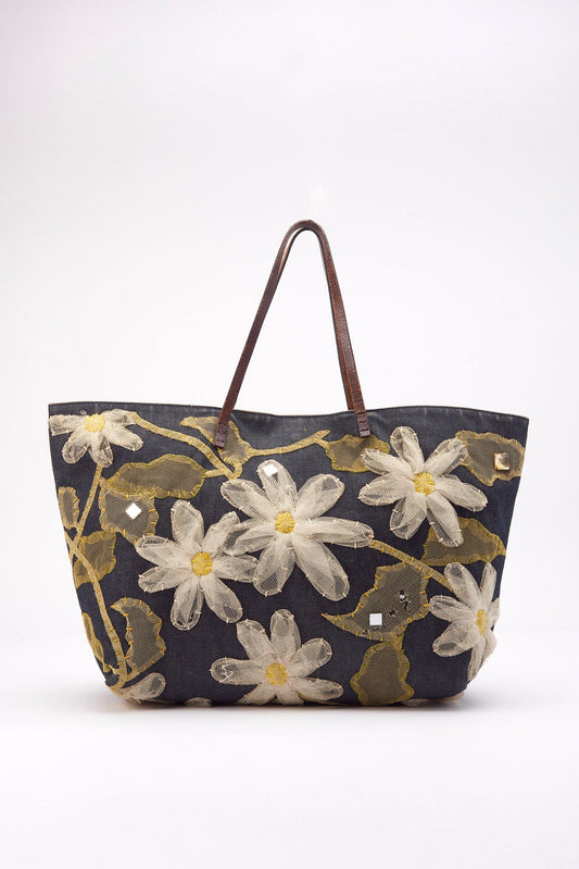 Vintage Fendi Denim Tote Bag with Flowers