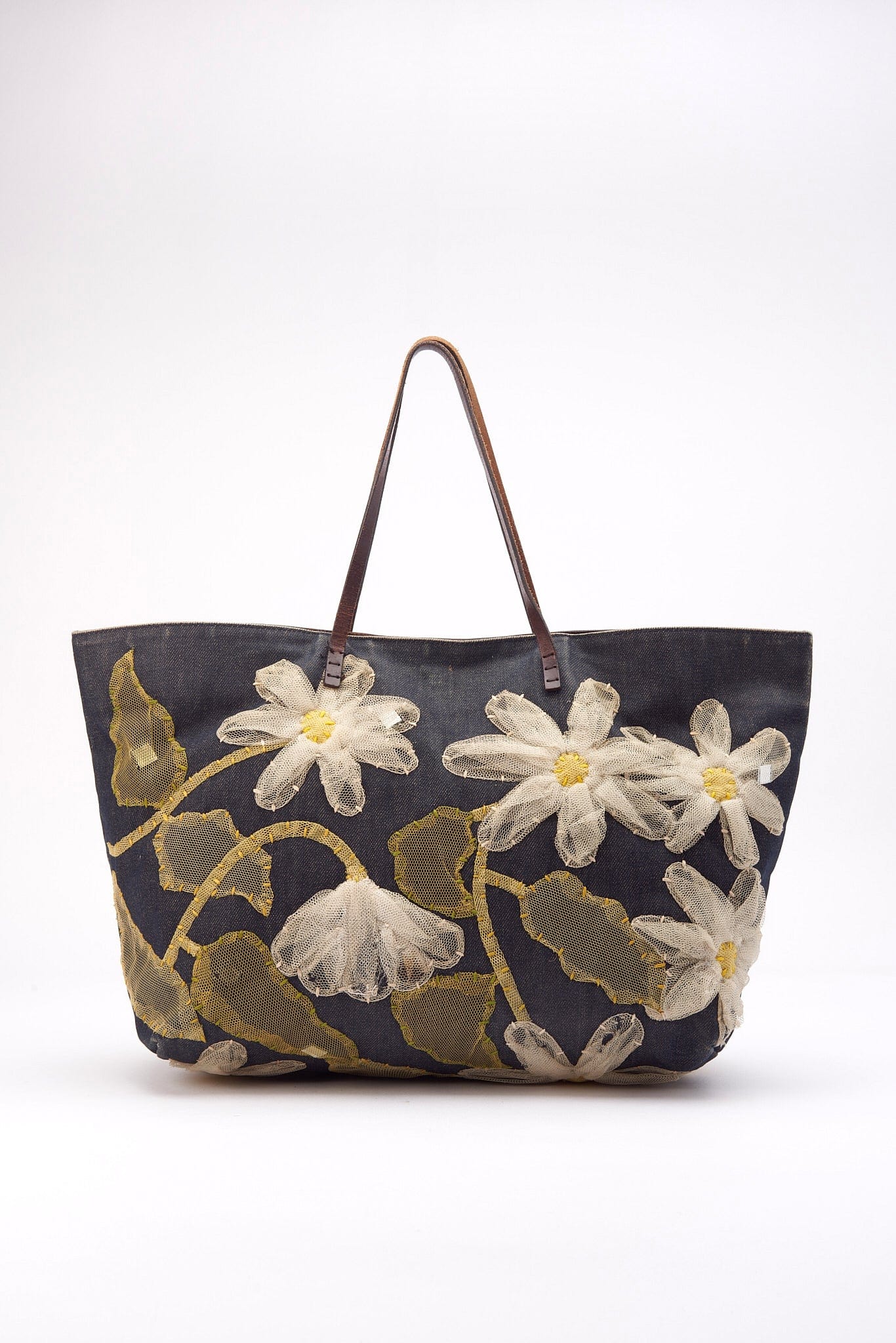 Vintage Fendi Denim Tote Bag with Flowers