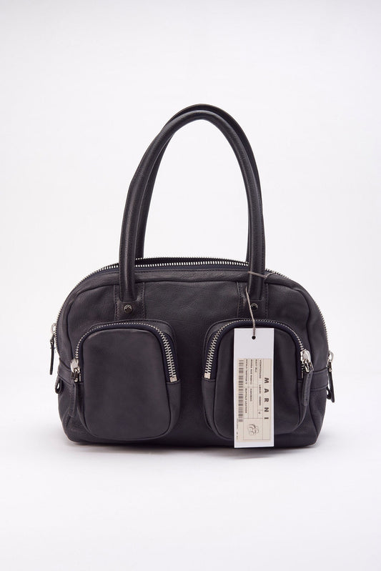 Marni Navy Leather Shoulder Bag With Pockets