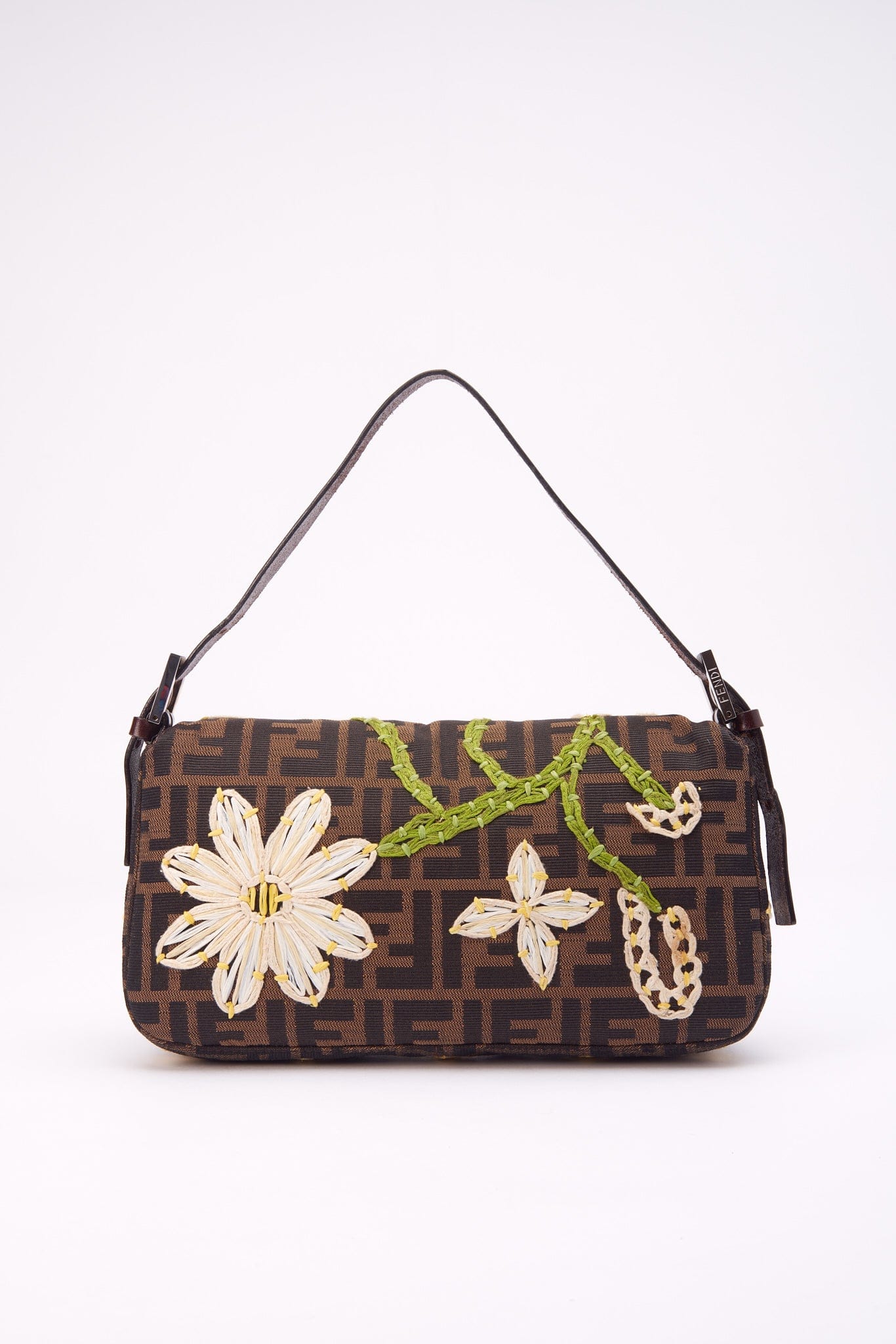 Vintage Fendi Zucca Baguette With Embroidered Flowers