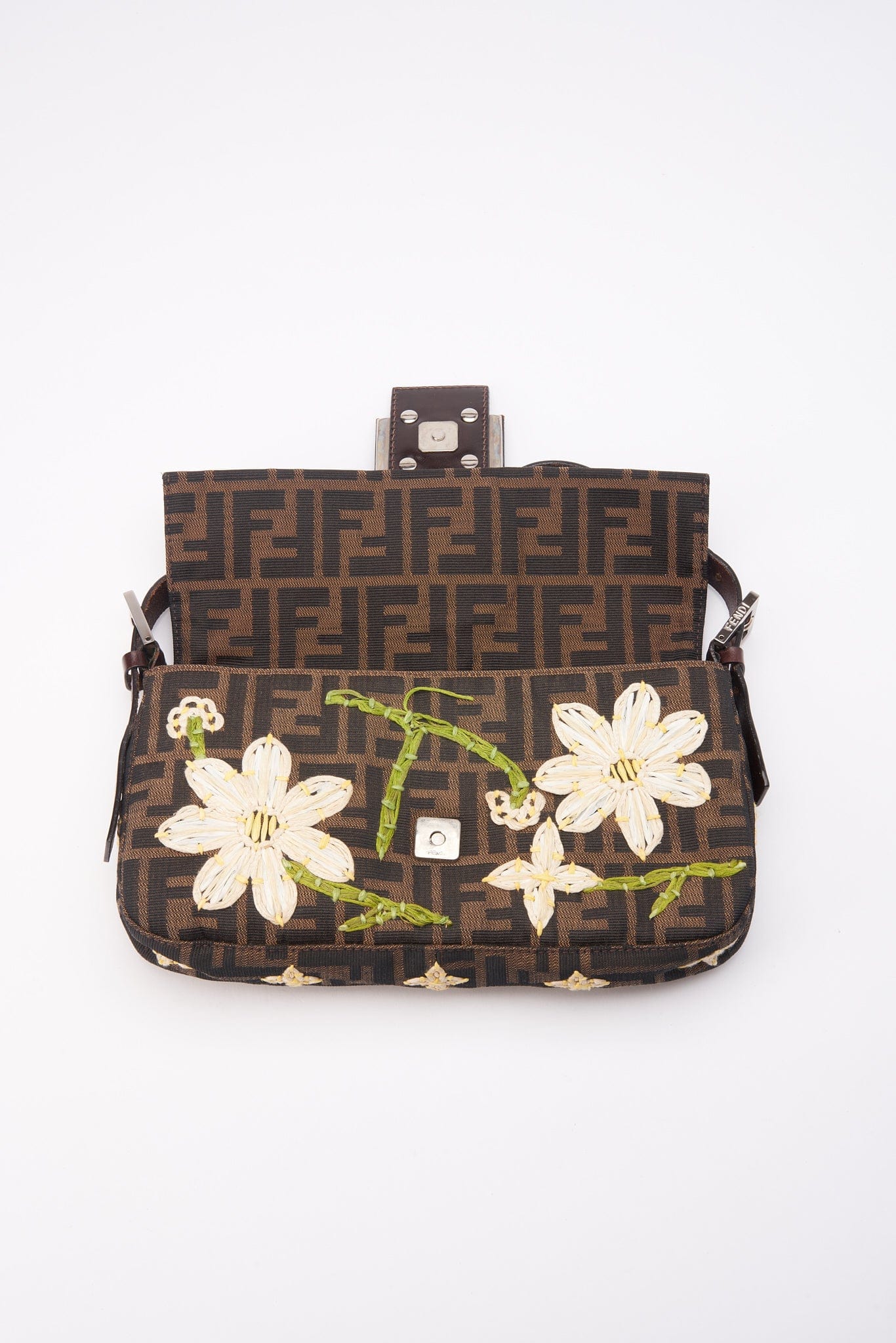 Vintage Fendi Zucca Baguette With Embroidered Flowers