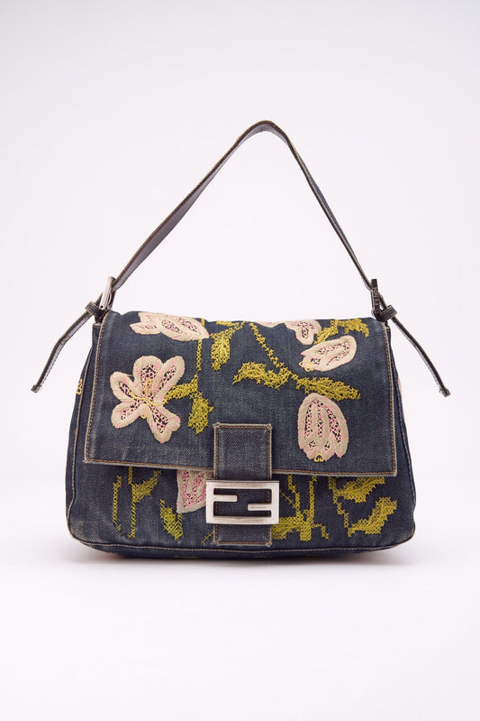 Vintage Fendi Denim Mamma Baguette with Embroidered Flowers