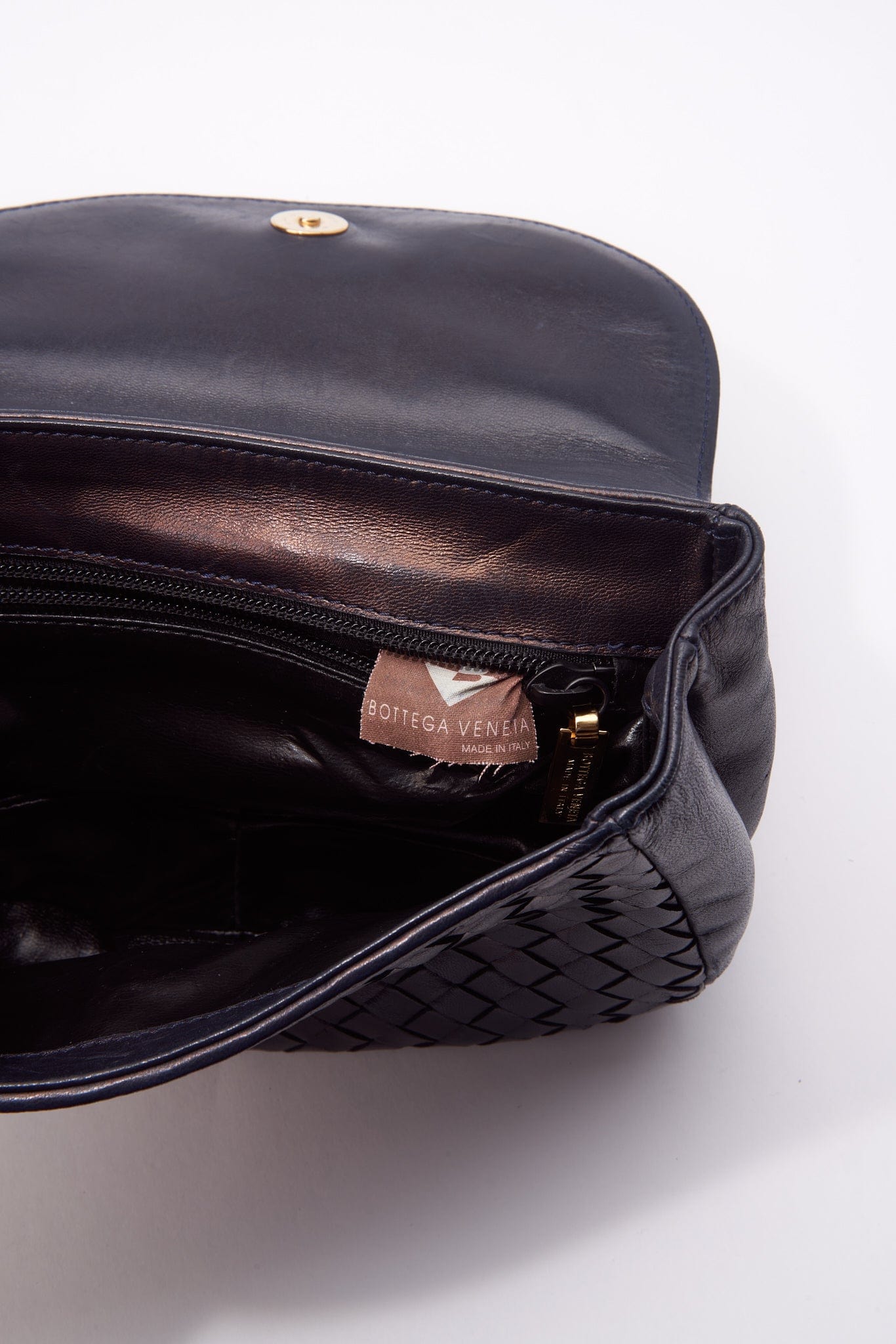 Vintage Bottega Veneta Intrecciato Navy Leather Top Handle Bag