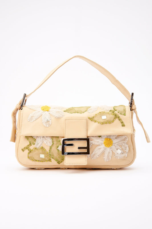 Vintage Fendi Beige Leather Baguette with Embroidered Flowers