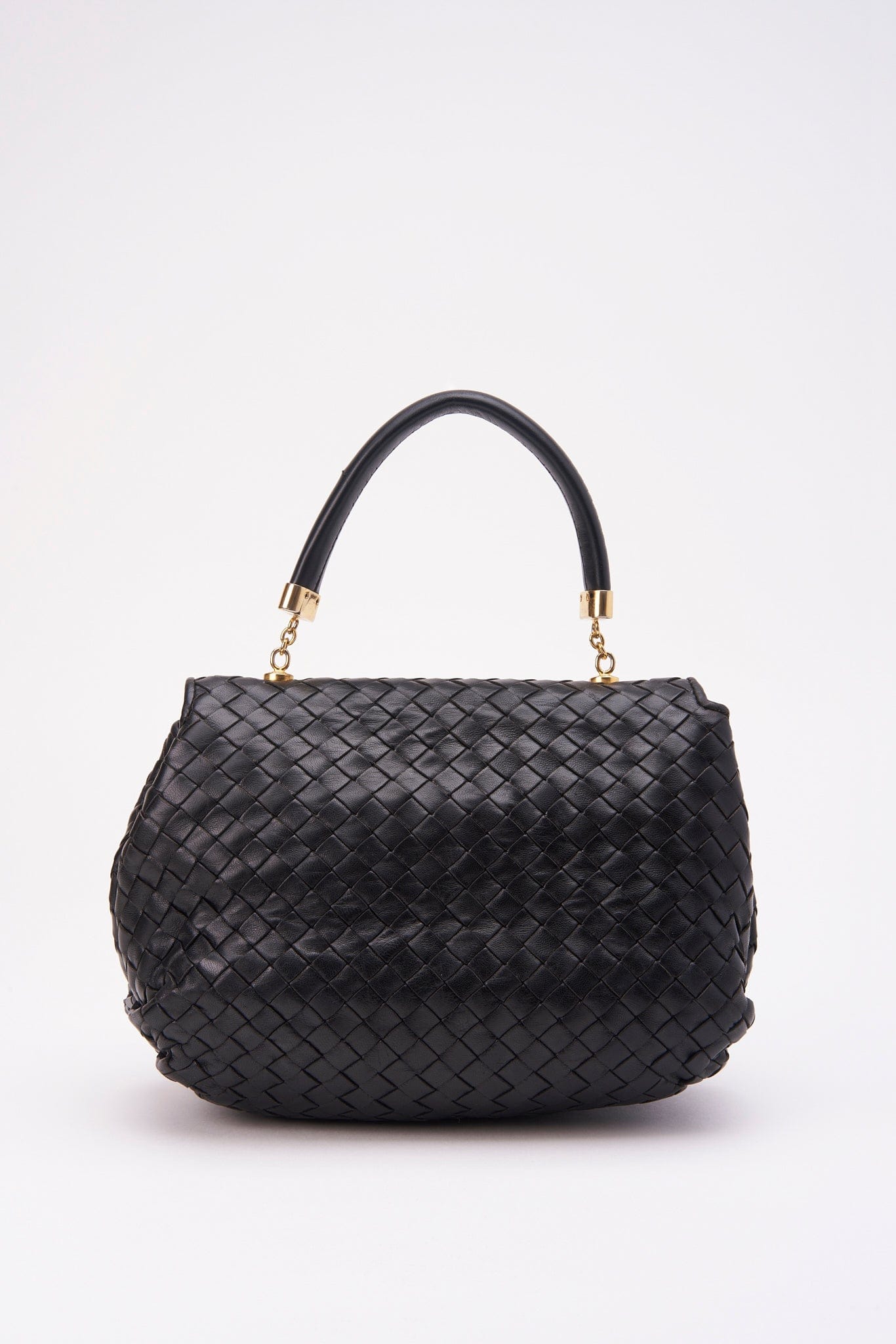 Vintage Bottega Veneta Black Intrecciato Leather Top Handle Bag
