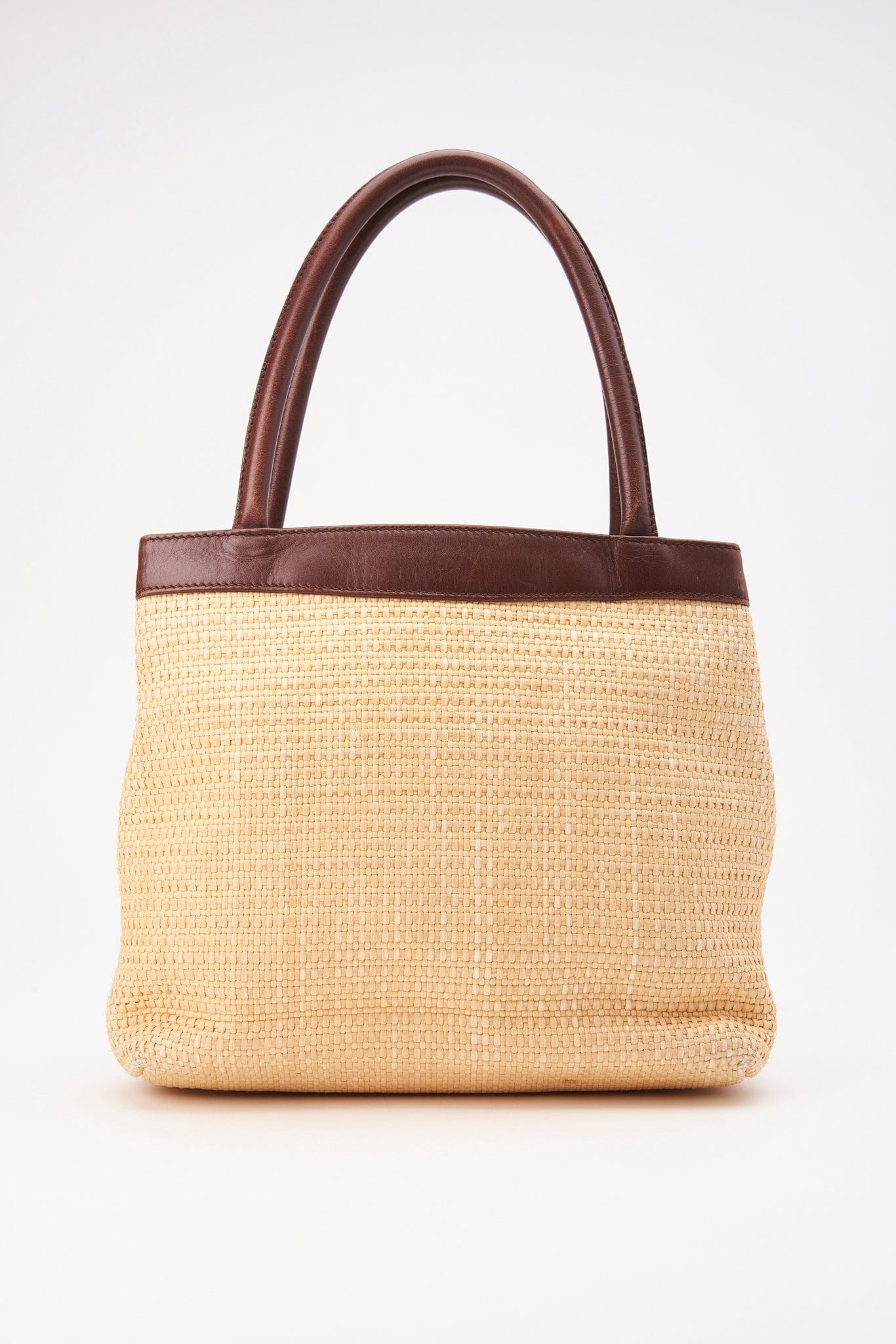 Chanel Raffia Tote Bag With Brown Leather Handles
