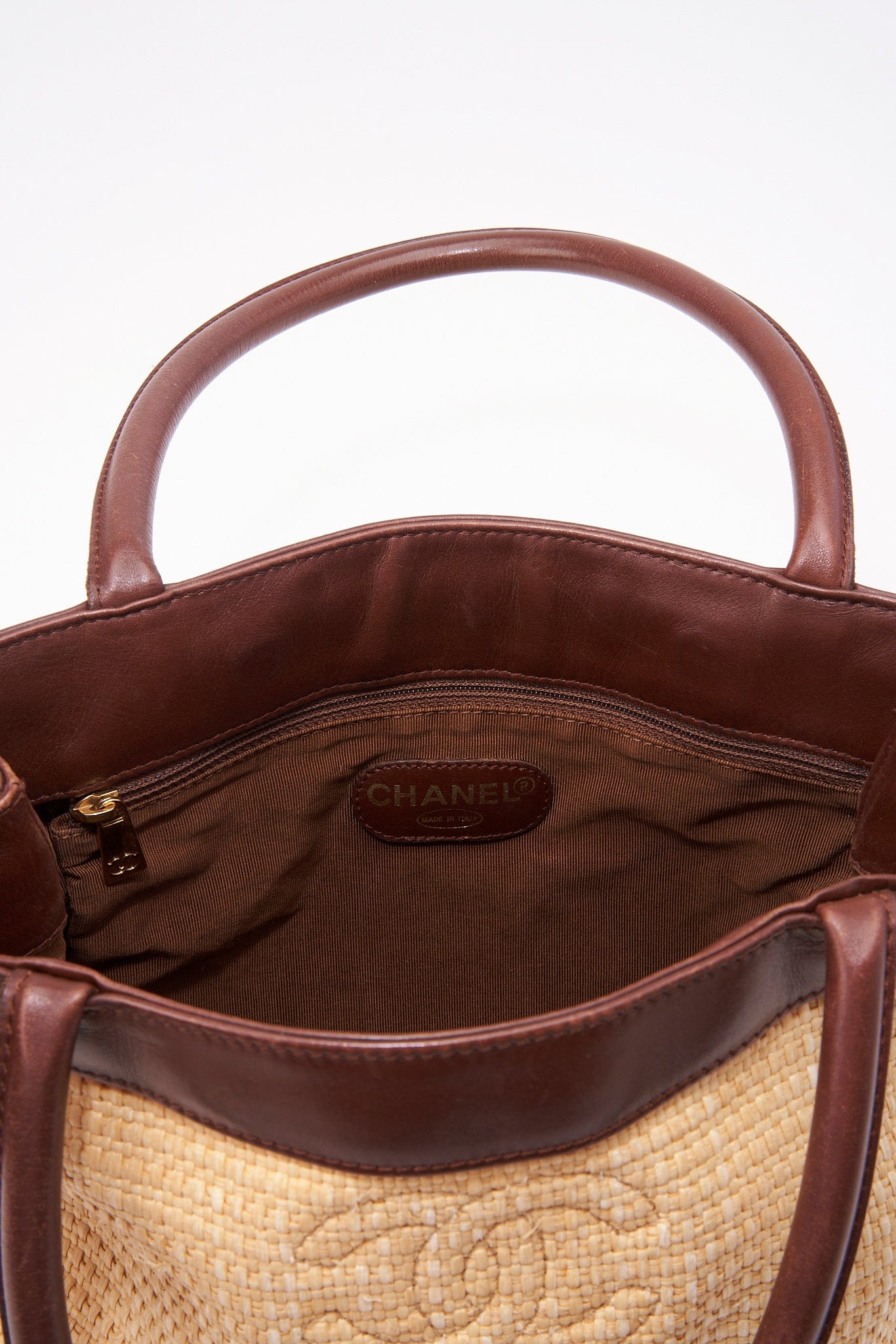 Chanel Raffia Tote Bag With Brown Leather Handles