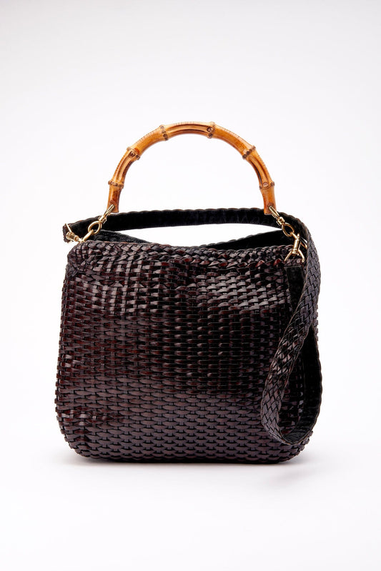 Vintage Gucci Woven Leather Bag with Bamboo Handle