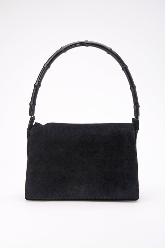 Gucci Black Suede Shoulder Bag with Bamboo handle