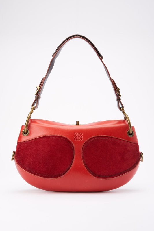 Vintage Loewe Red Leather and Suede Shoulder Bag