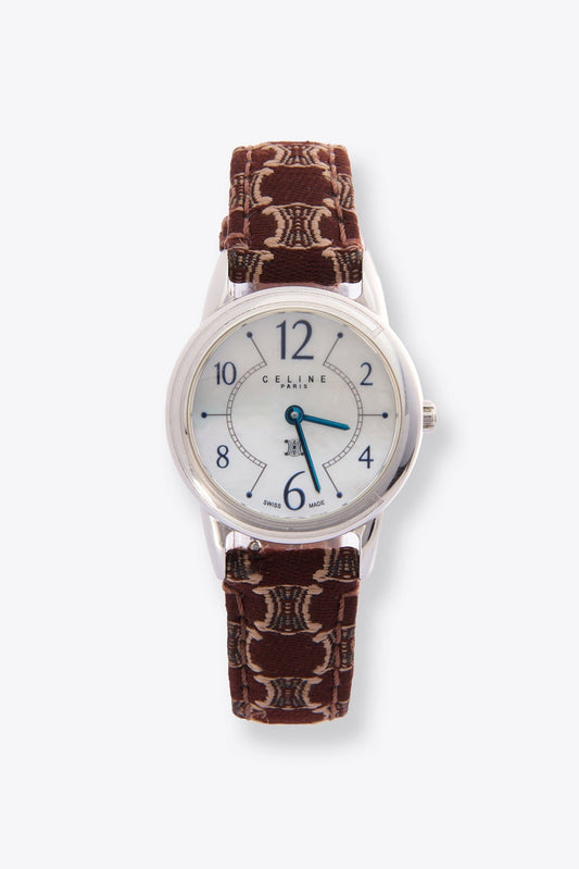 Vintage Celine Silver Plated Watch with Triomphe Printed Fabric and Leather Strap