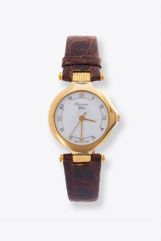 Vintage Christian Dior Gold Plated Watch with Brown Croc Leather Strap