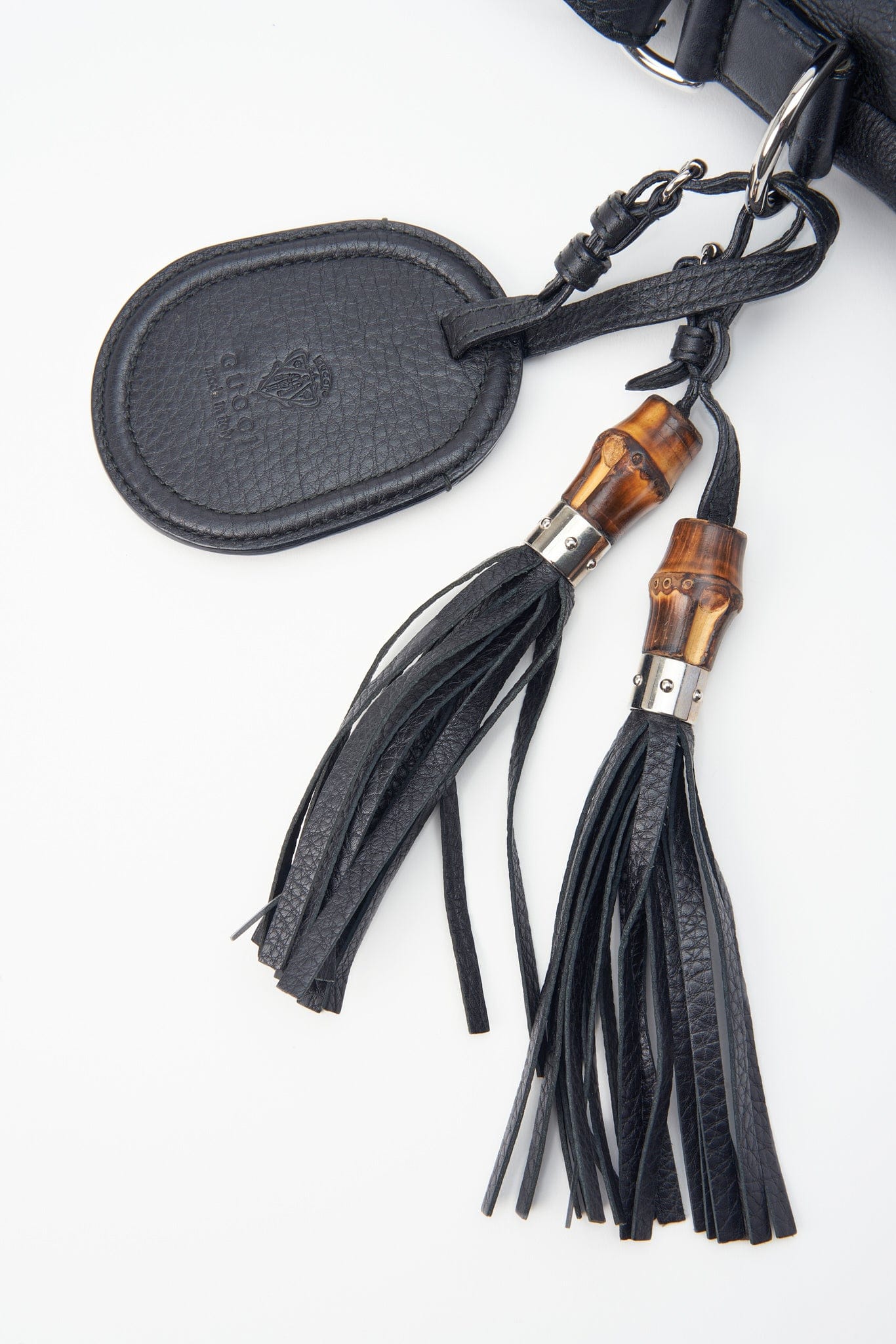 Vintage Gucci Textured Black Leather Bag With Bamboo Tassels
