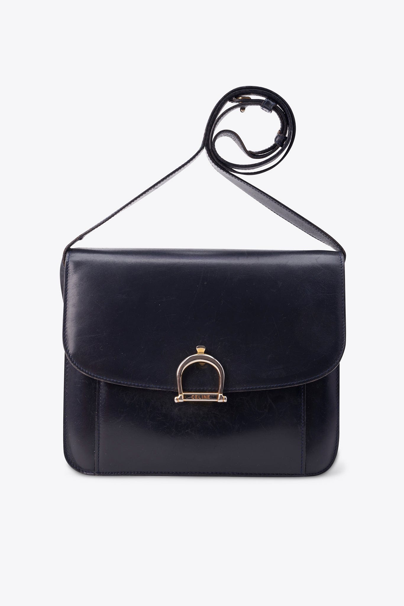 Vintage Celine Horsebit Flap Shoulder Bag in Black Leather
