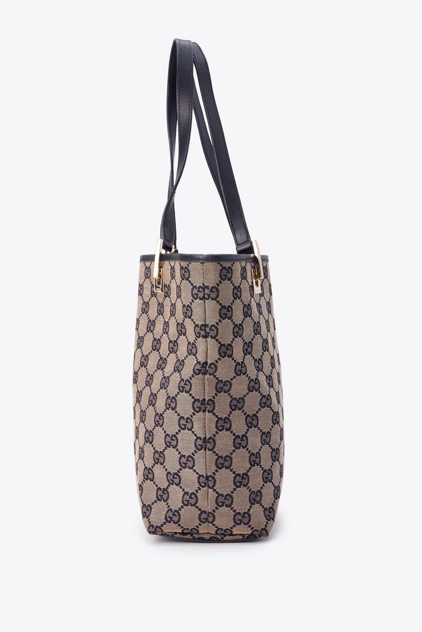 Vintage Gucci Monogram Tote Bag with Black Leather Trim