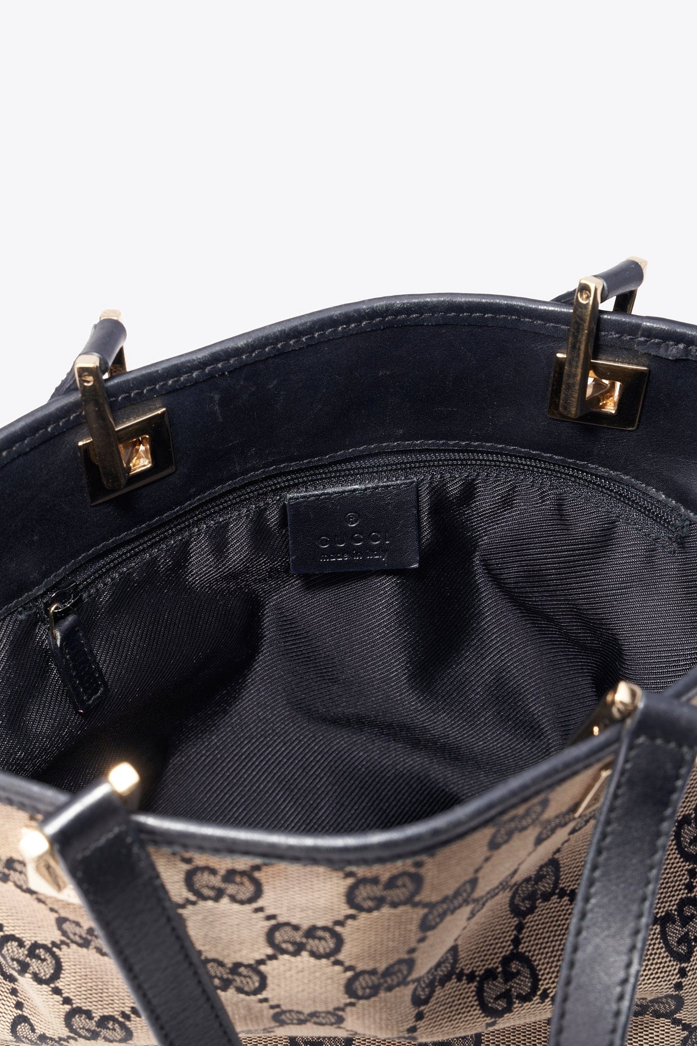 Vintage Gucci Monogram Tote Bag with Black Leather Trim