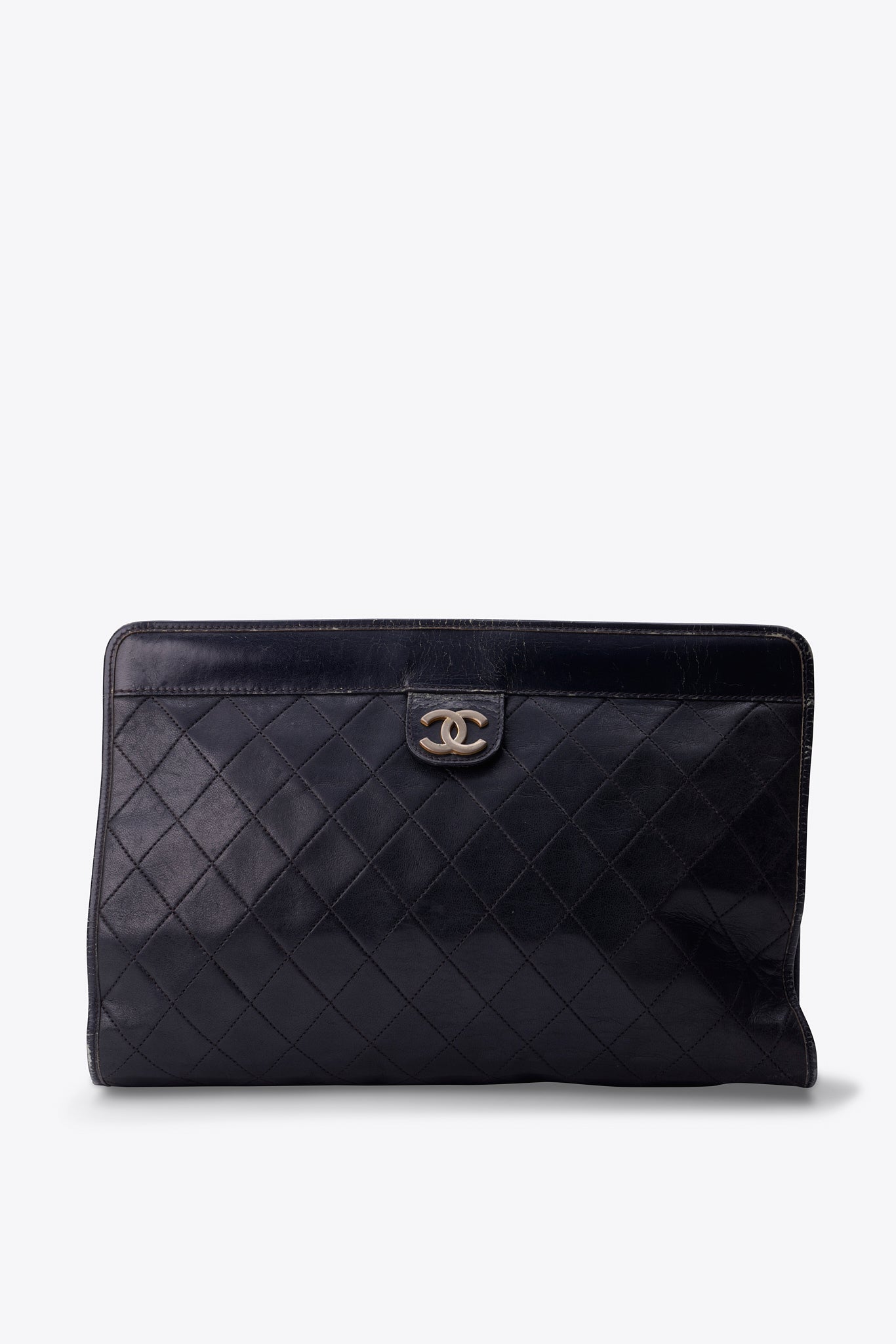 Vintage Chanel Black Leather Clutch Bag With Gold Hardware