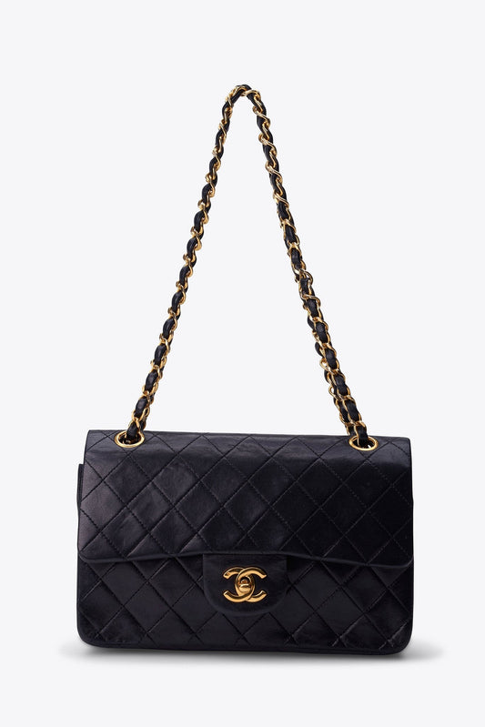 Vintage Chanel Small Classic Double Flap Bag Black Lambskin Leather With 24k Gold Plated Hardware