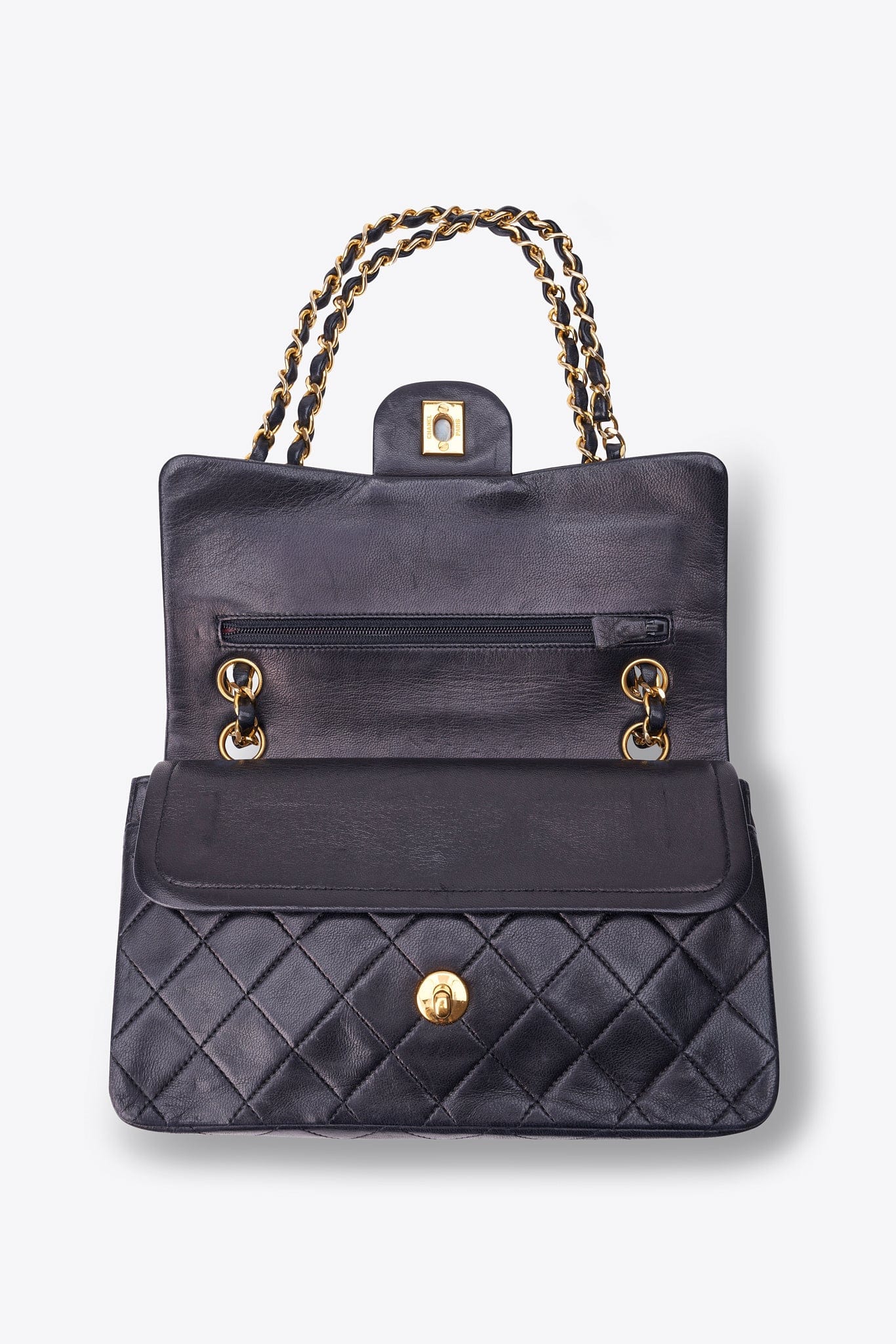 Vintage Chanel Small Classic Double Flap Bag Black Lambskin Leather With 24k Gold Plated Hardware