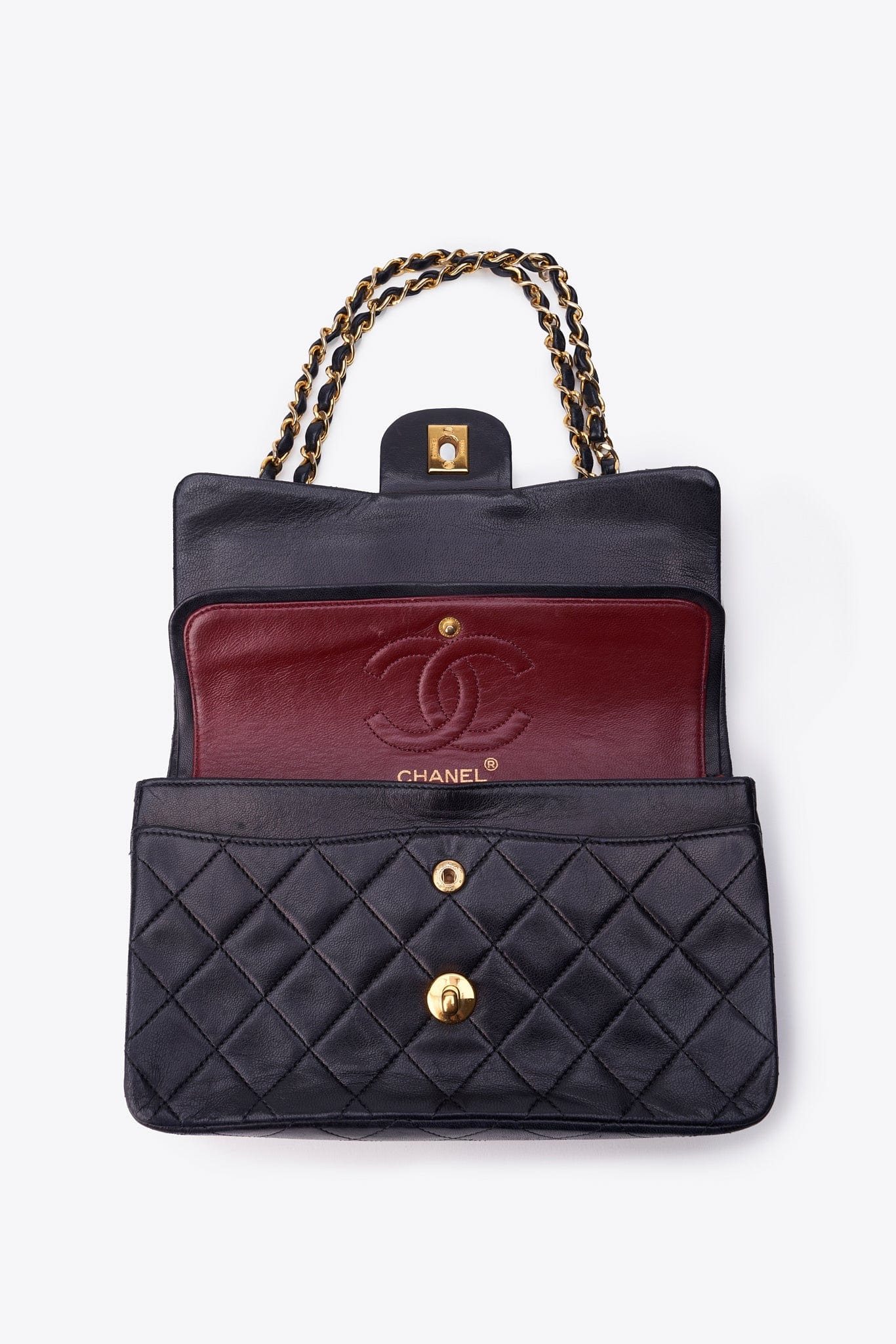 Vintage Chanel Small Classic Double Flap Bag Black Lambskin Leather With 24k Gold Plated Hardware