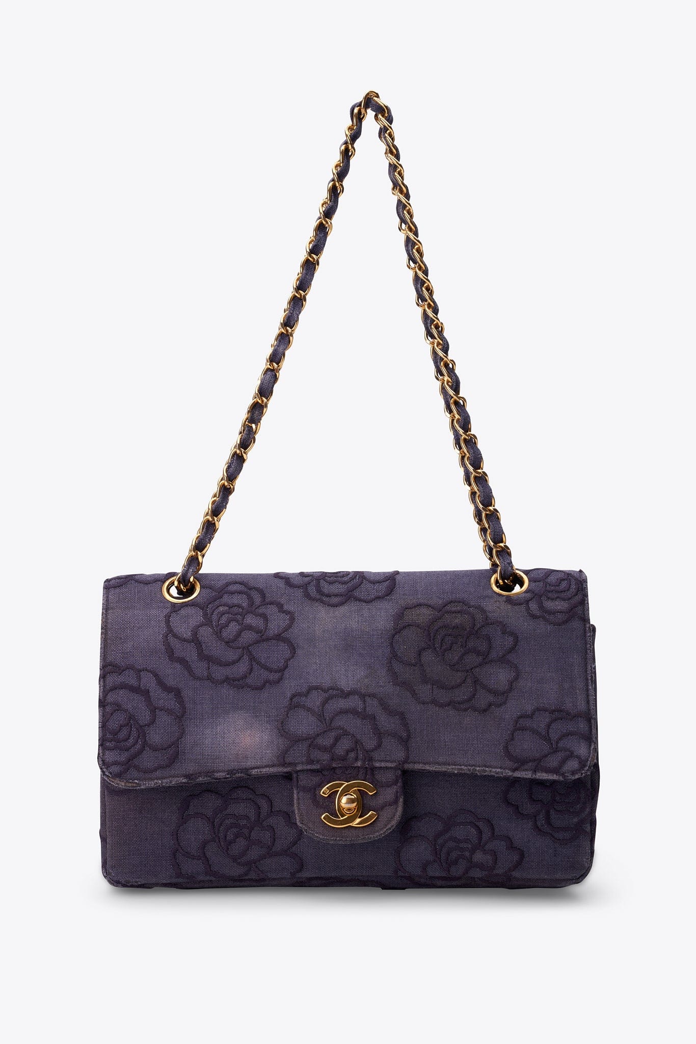 Vintage Chanel Denim Camellia Medium Classic Double Flap Bag With 24k Gold Plated Hardware