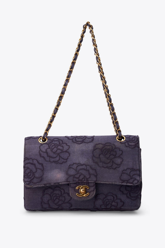 Vintage Chanel Denim Camellia Medium Classic Double Flap Bag With 24k Gold Plated Hardware