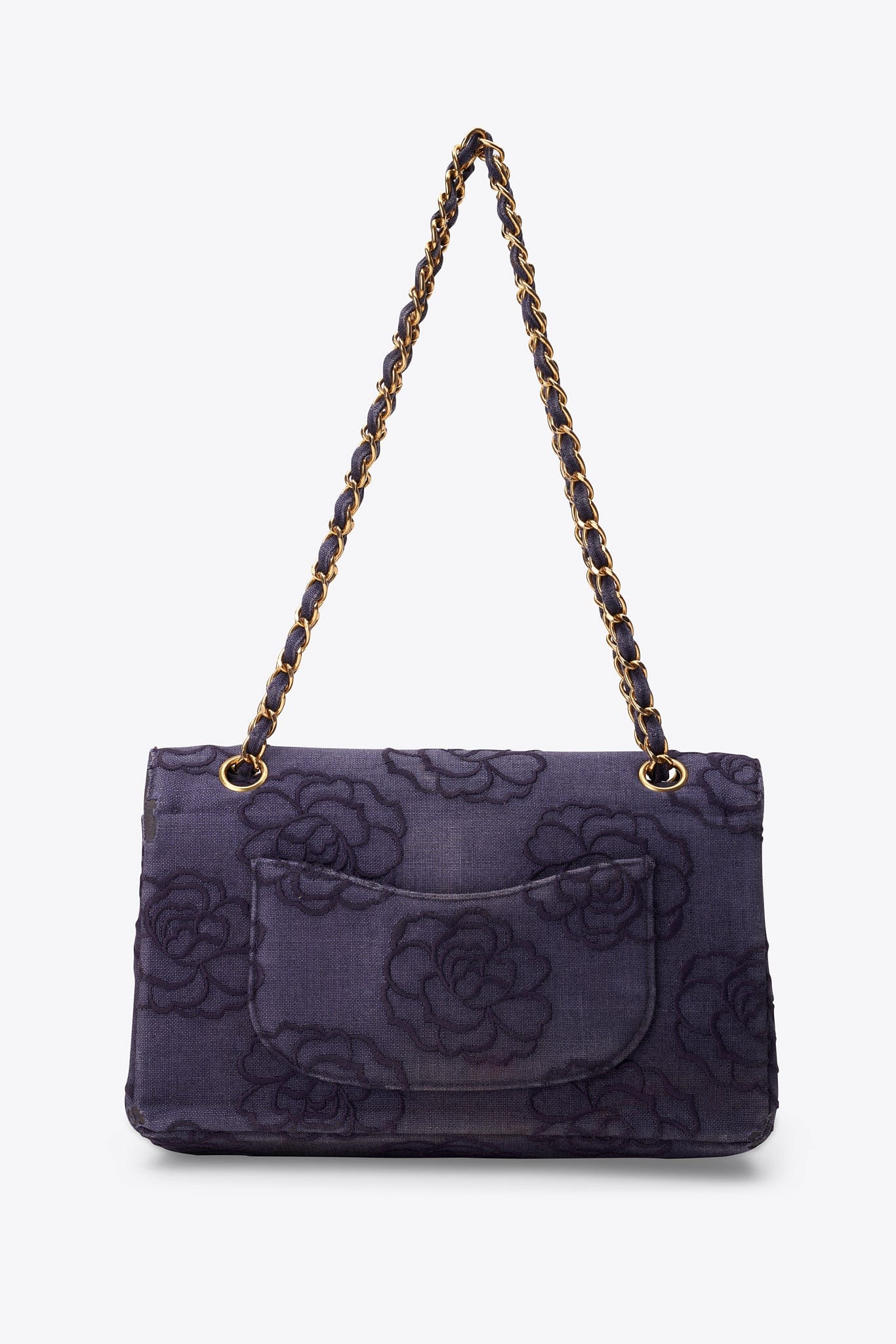 Vintage Chanel Denim Camellia Medium Classic Double Flap Bag With