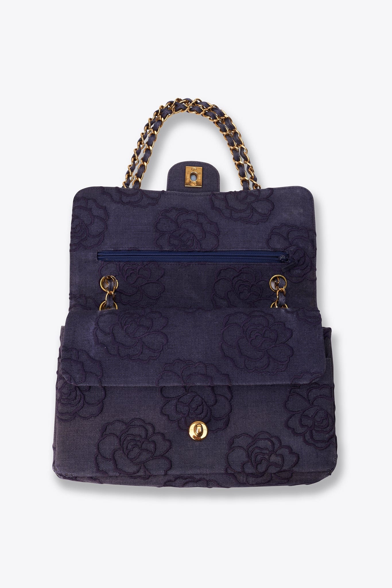 Vintage Chanel Denim Camellia Medium Classic Double Flap Bag With 24k Gold Plated Hardware