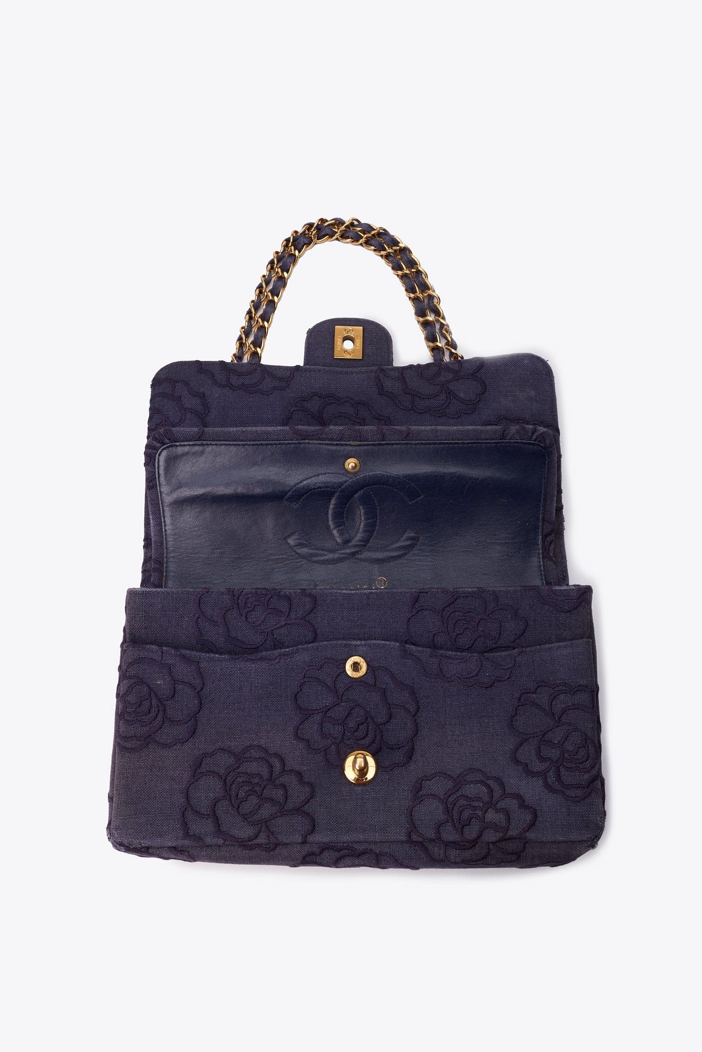 Vintage Chanel Denim Camellia Medium Classic Double Flap Bag With 24k Gold Plated Hardware