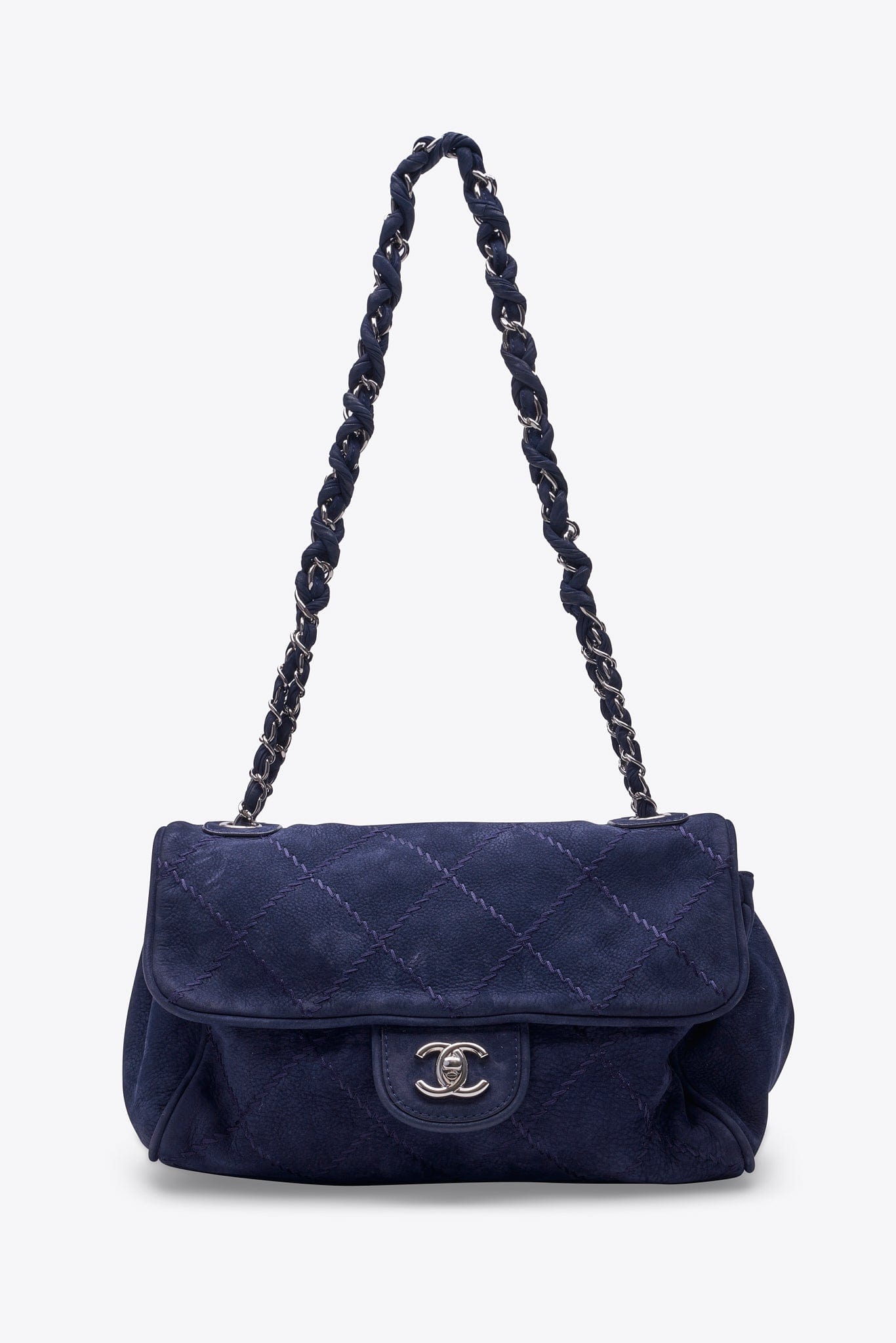 Chanel Blue Suede Flap Bag with Chain Handle
