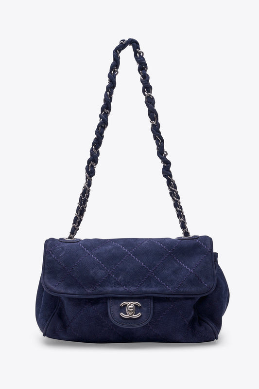 Chanel Blue Suede Flap Bag with Chain Handle