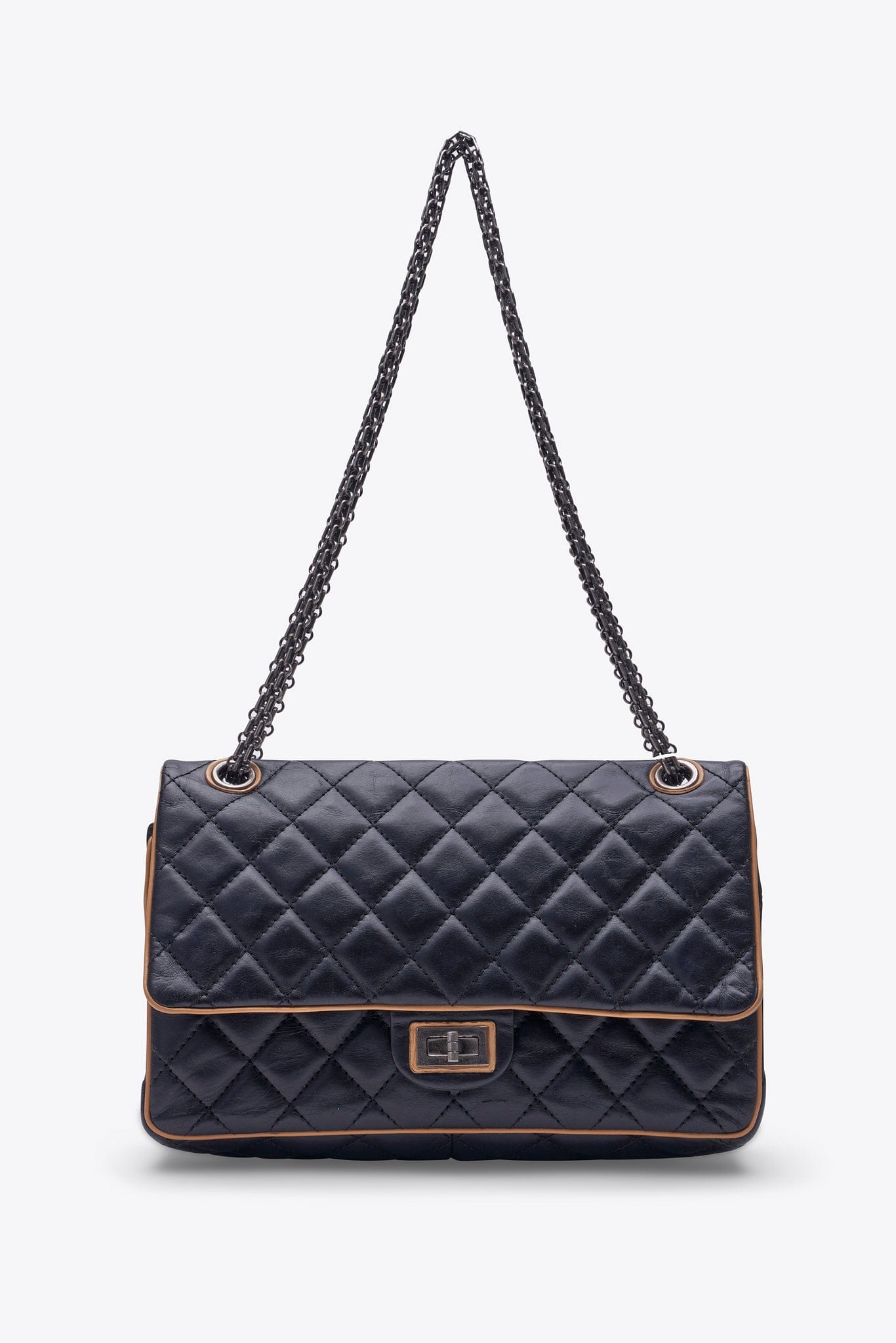 Vintage Chanel Reissue Black Leather Bag With Beige Piping