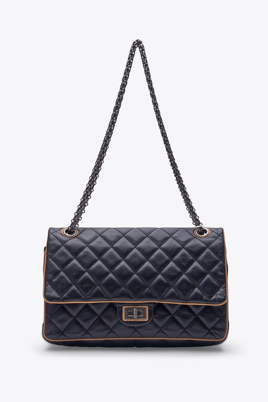 Vintage Chanel Reissue Black Leather Bag With Beige Piping