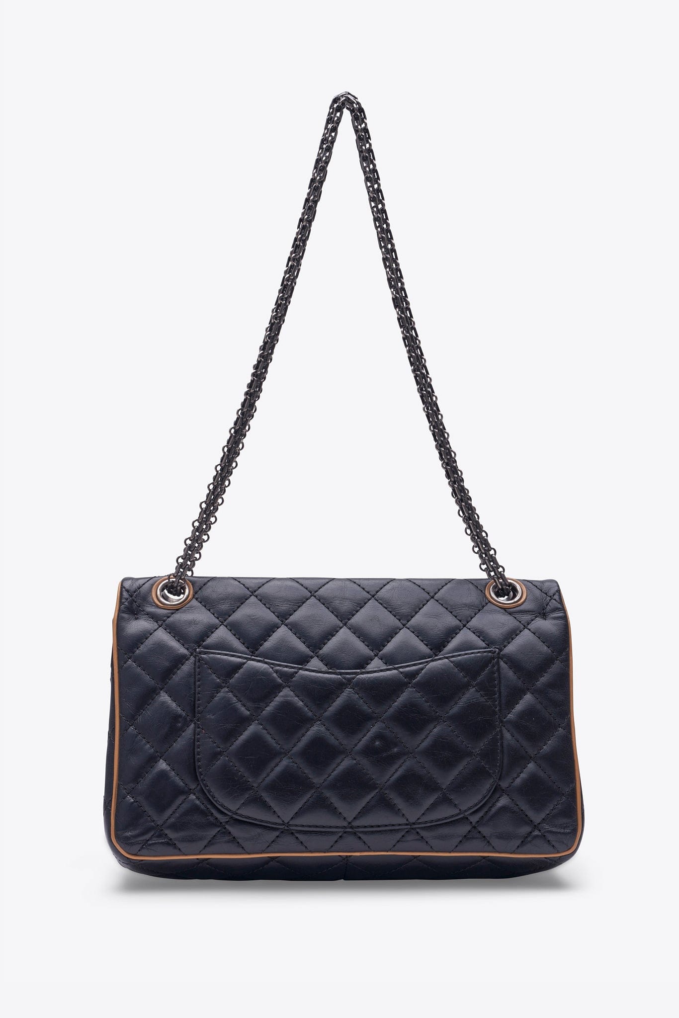 Vintage Chanel Reissue Black Leather Bag With Beige Piping