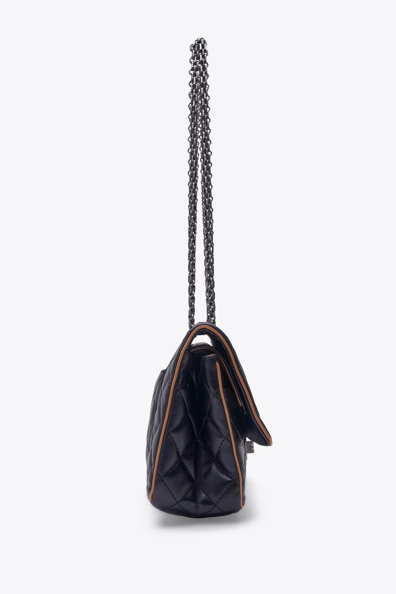 Vintage Chanel Reissue Black Leather Bag With Beige Piping