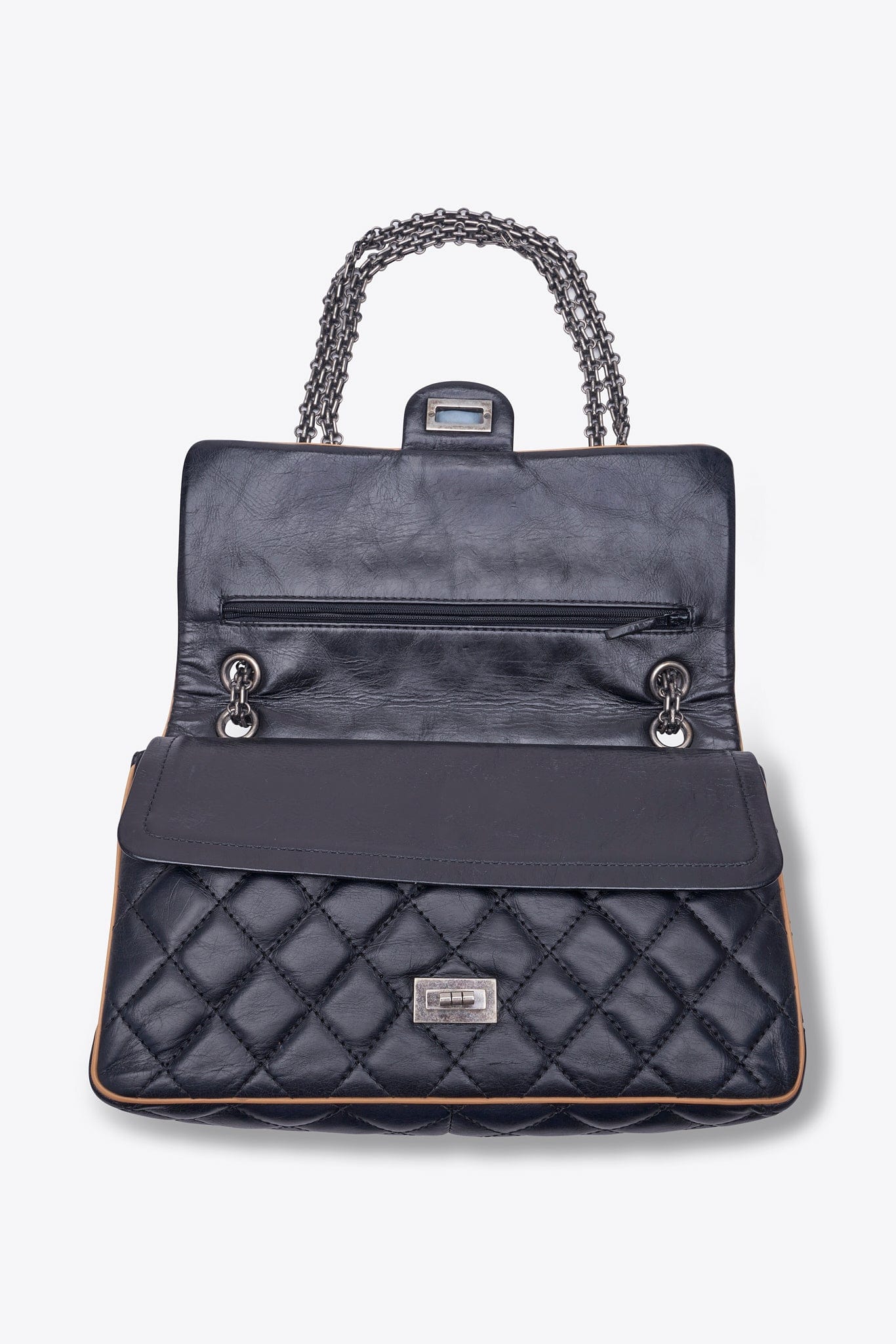 Vintage Chanel Reissue Black Leather Bag With Beige Piping