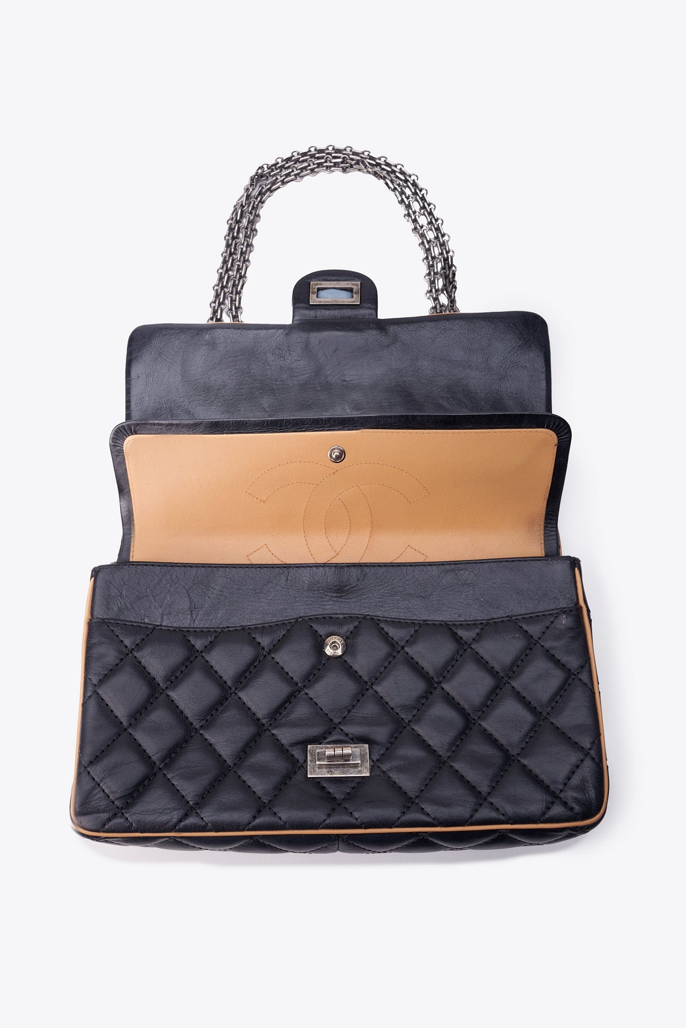 Vintage Chanel Reissue Black Leather Bag With Beige Piping