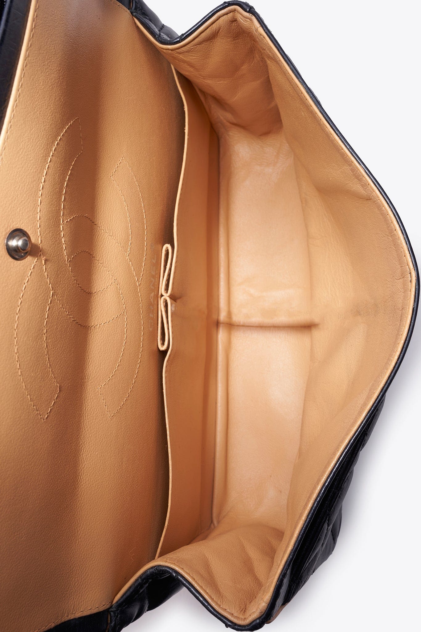 Vintage Chanel Reissue Black Leather Bag With Beige Piping