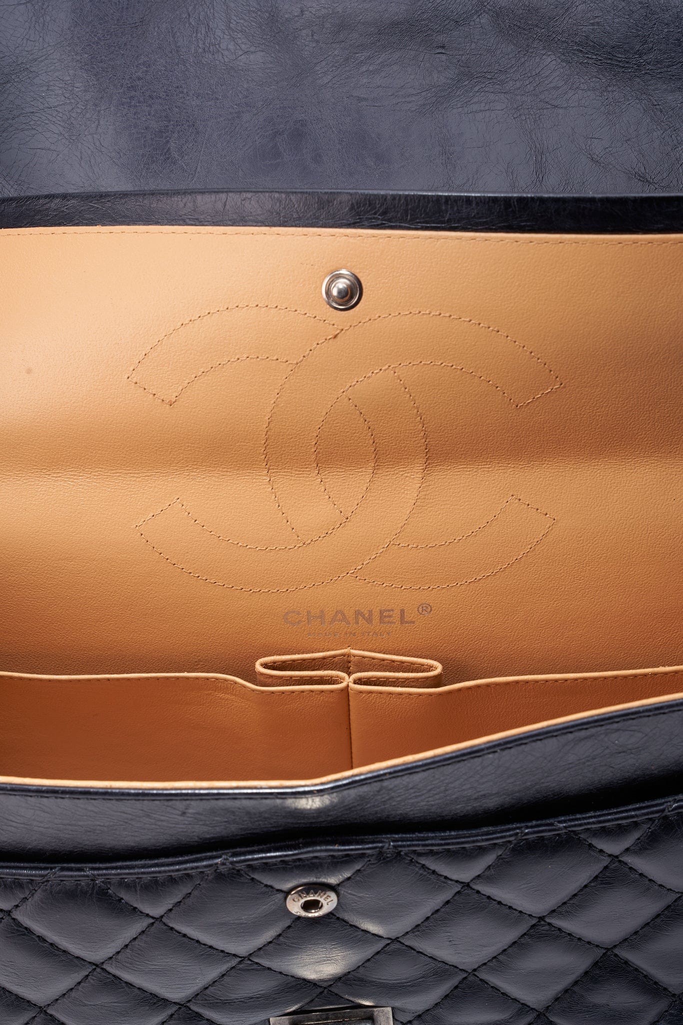 Vintage Chanel Reissue Black Leather Bag With Beige Piping