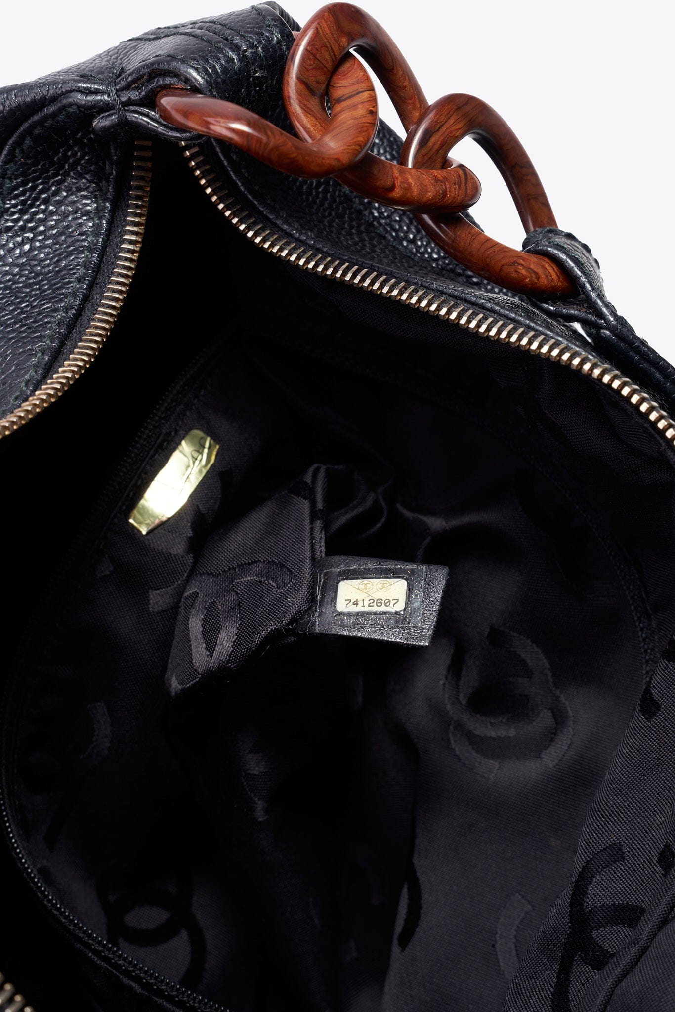 Vintage Chanel Black Caviar Leather Shoulder Bag with Tortoiseshell Chain