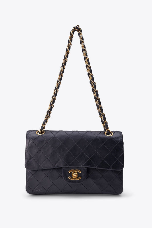 Vintage Chanel Small Classic Double Flap Bag Black Lambskin Leather With 24k Gold Plated Hardware