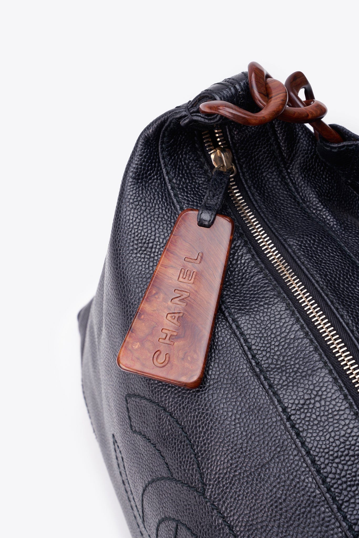 Vintage Chanel Black Caviar Leather Shoulder Bag with Tortoiseshell Chain