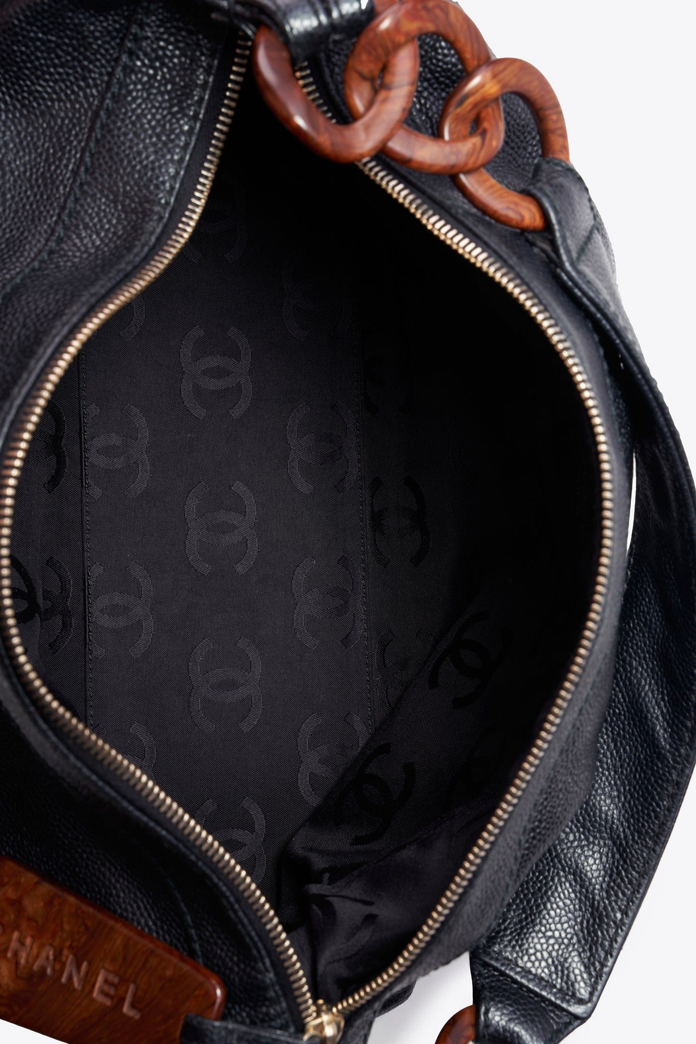 Vintage Chanel Black Caviar Leather Shoulder Bag with Tortoiseshell Chain