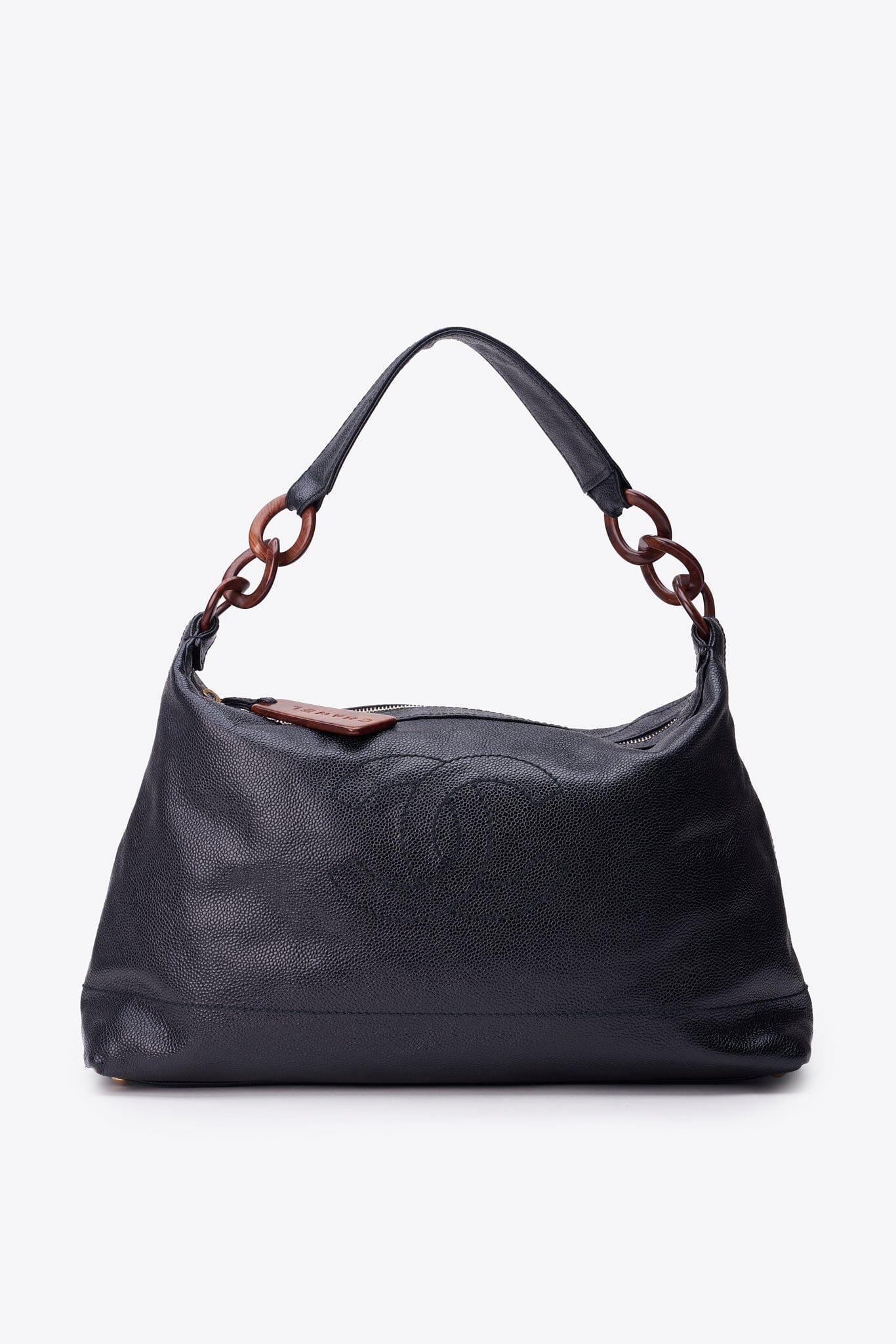 Vintage Chanel Black Caviar Leather Shoulder Bag with Tortoiseshell Chain