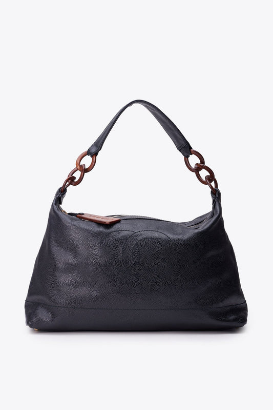 Vintage Chanel Black Caviar Leather Shoulder Bag with Tortoiseshell Chain