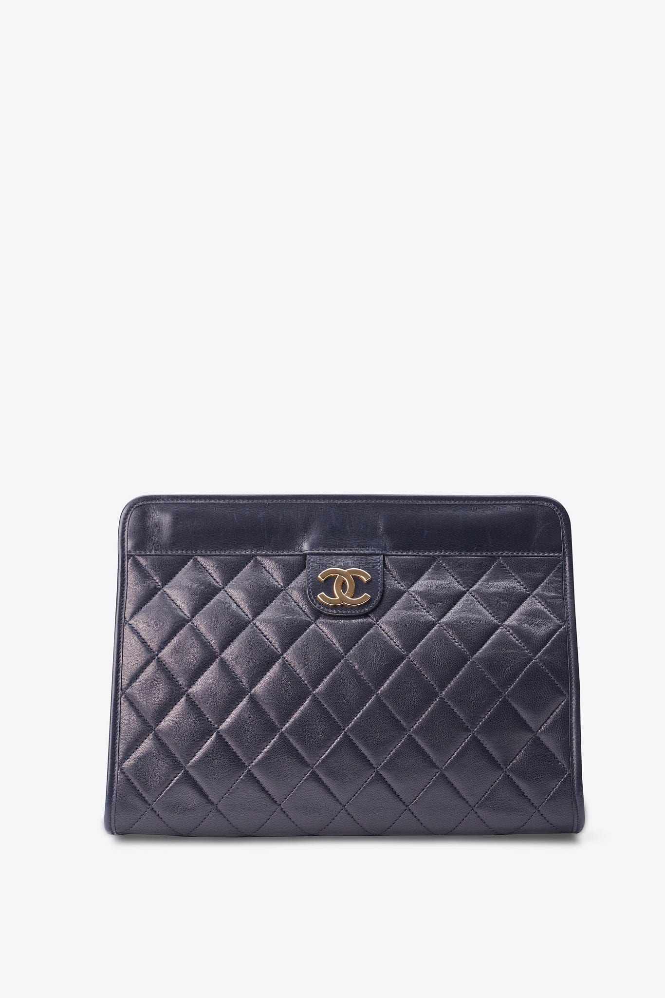Vintage Chanel Black Leather Clutch Bag With Gold Toned Hardware
