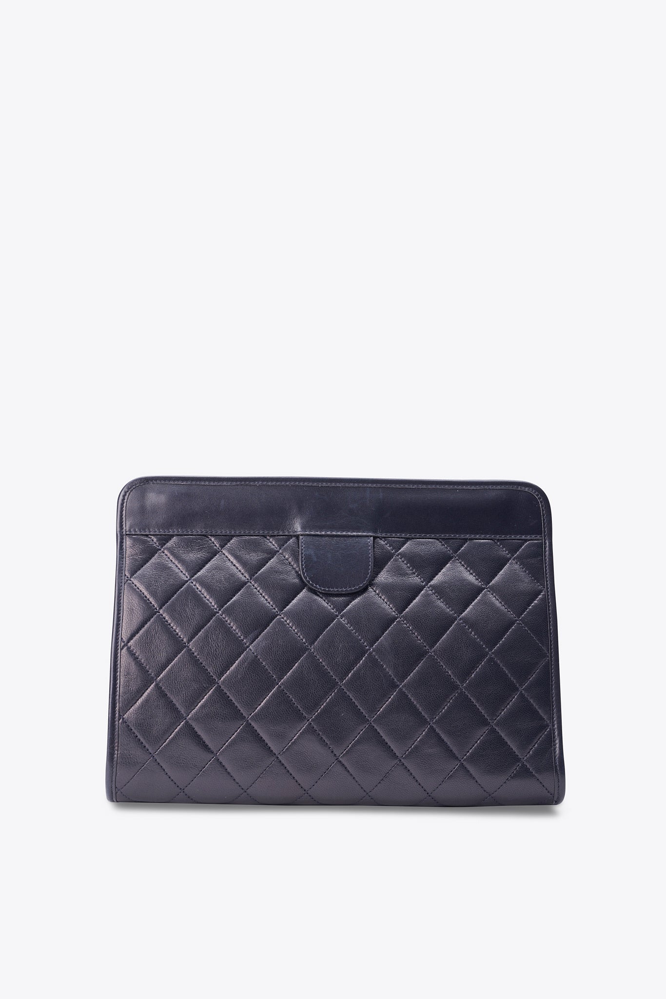 Vintage Chanel Black Leather Clutch Bag With Gold Toned Hardware