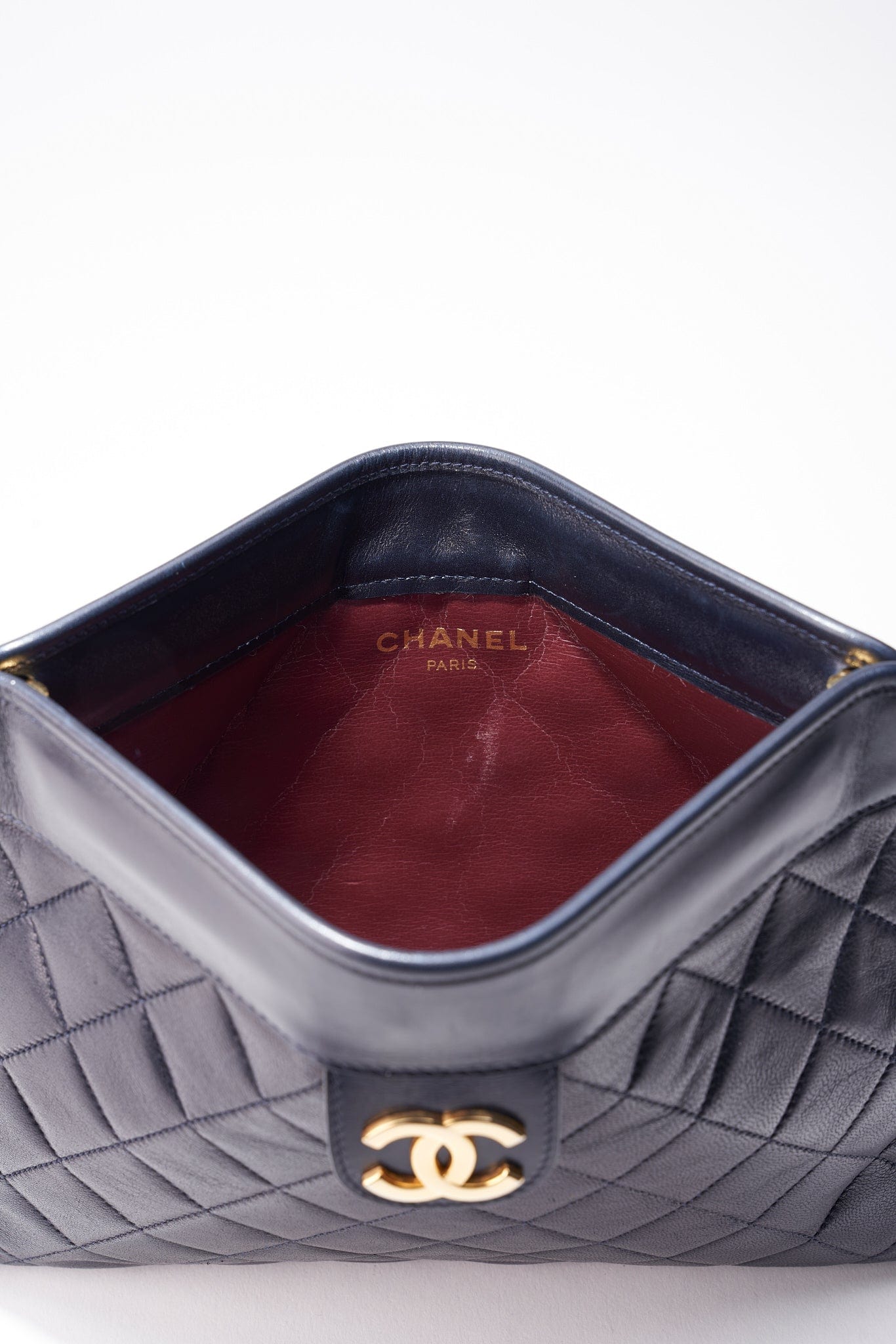 Vintage Chanel Black Leather Clutch Bag With Gold Toned Hardware