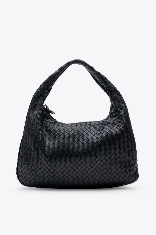 Vintage Bottega Veneta Black Intrecciato Leather Hobo Shoulder Bag